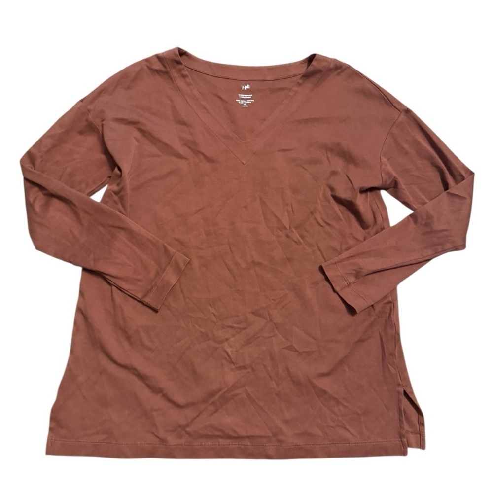 J. Jill Chestnut Brown V-Neck Long Sleeve Top, Thick Cotton, Size XS (oversized)